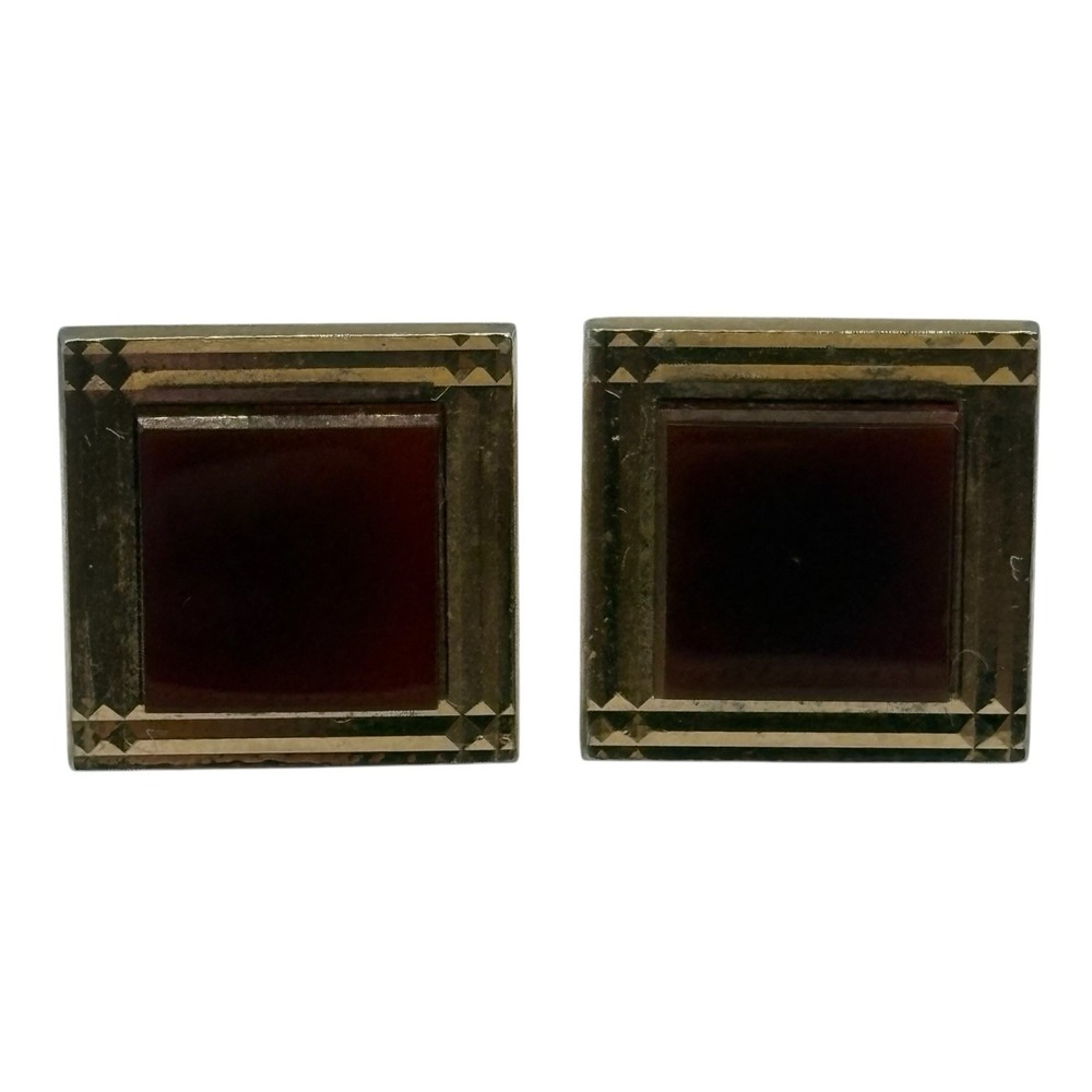 Swank Cufflinks And Tie Clip Red Accent Center Gold Tone Vintage Square Textured - Picture 4 of 13